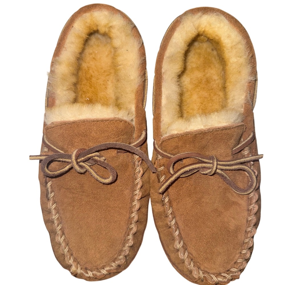 LL Bean Wicked Good Moccasins Womens 7 Brown Suede Shearling Slippers 290467